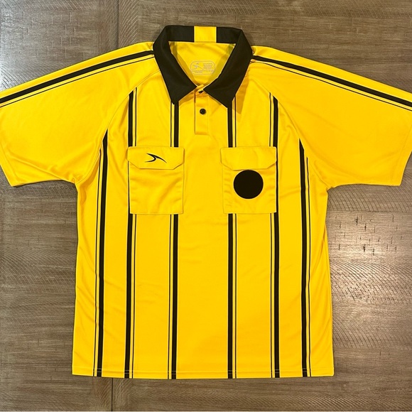 Score AL Soccer REFEREE JERSEY Shirt Yellow & Black Short Sleeve Size: L Men’s - Picture 14 of 14